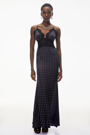 Aurohaya Eleanor Black Polka Dot Lace Trim Maxi Dress