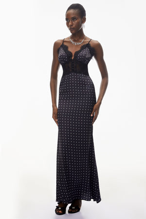 Aurohaya Eleanor Black Polka Dot Lace Trim Maxi Dress