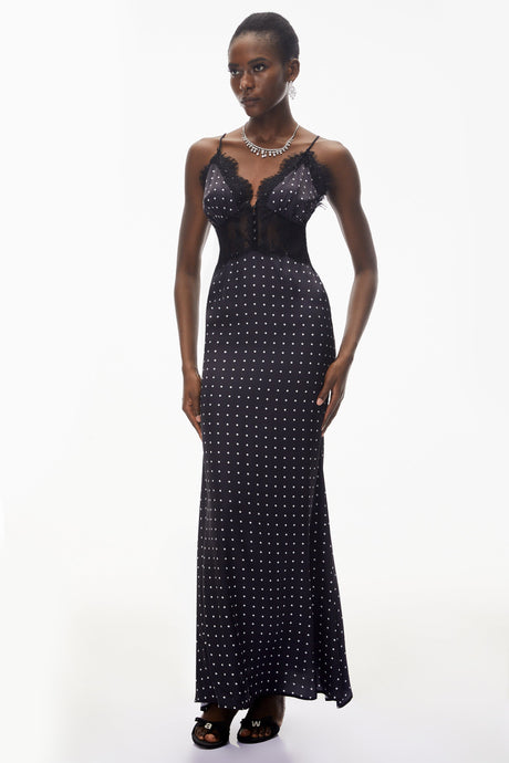 Aurohaya Eleanor Black Polka Dot Lace Trim Maxi Dress