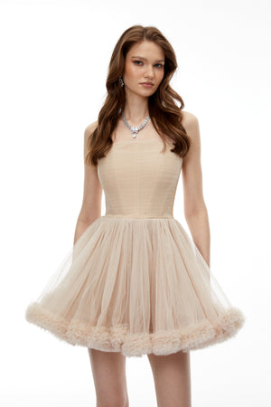Aurohaya Electra Neutral Off Shouldr Mini Dress with Fur Trim