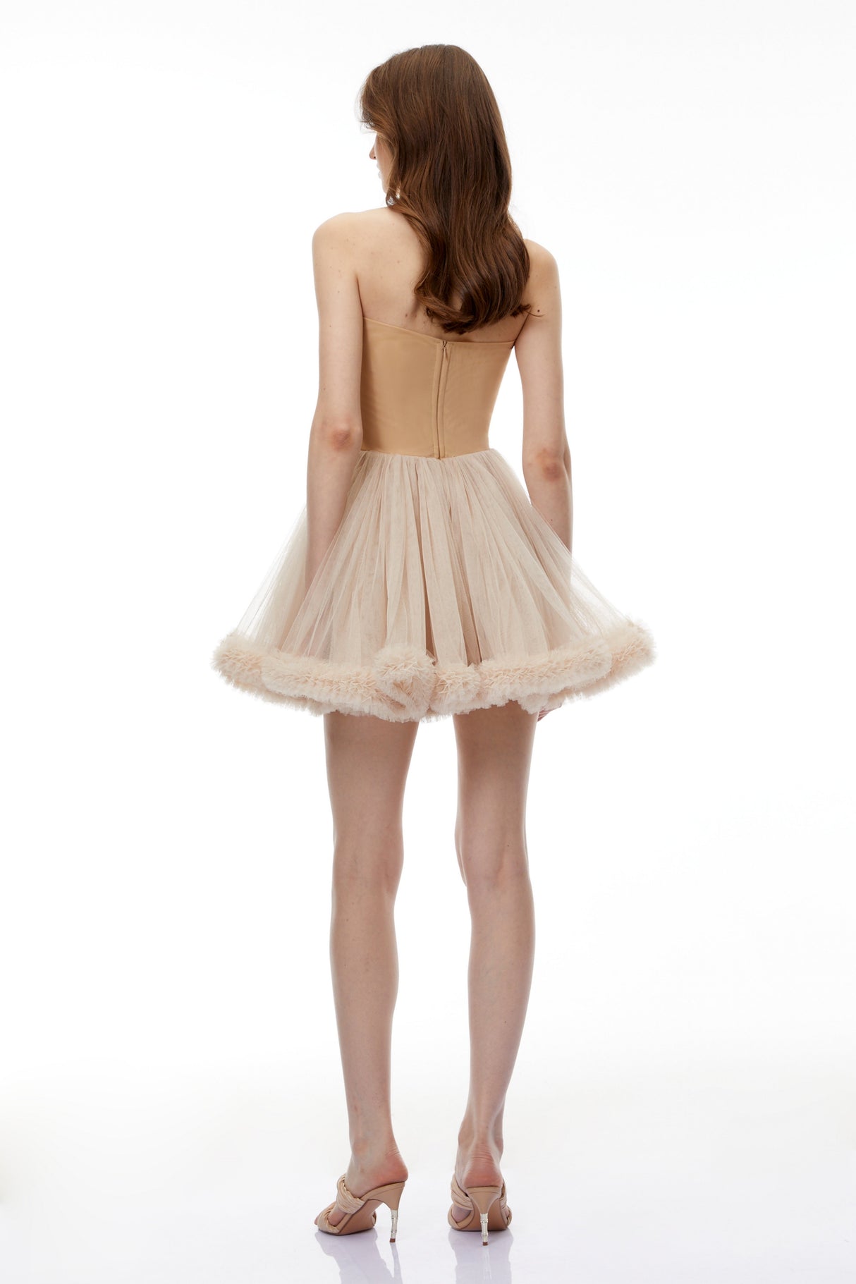 Aurohaya Electra Neutral Off Shouldr Mini Dress with Fur Trim