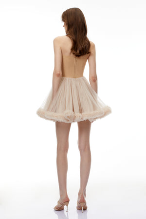 Aurohaya Electra Neutral Off Shouldr Mini Dress with Fur Trim
