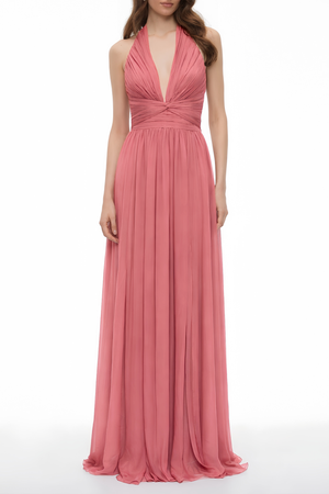 Aurohaya Macioci Pink Halterneck Ruched Maxi Dress with Criss Cross Front