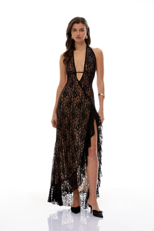 Aurohaya Elena Black Halterneck Floral Lace Maxi Dress