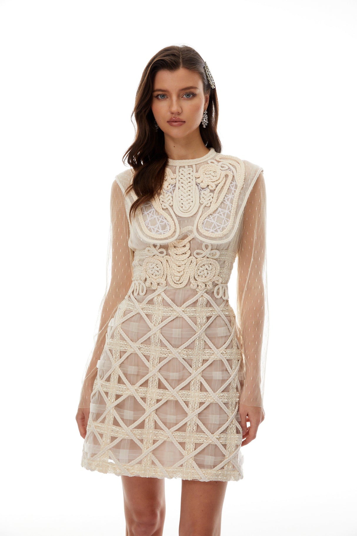 Aurohaya Elena White Braided Crochet Mini Dress