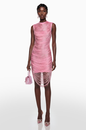 Aurohaya Eleonora Pink Fringed Bandage Mini Dress