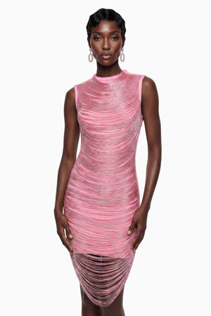 Aurohaya Eleonora Pink Fringed Bandage Mini Dress
