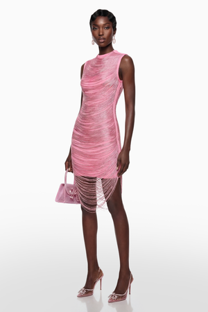 Aurohaya Eleonora Pink Fringed Bandage Mini Dress