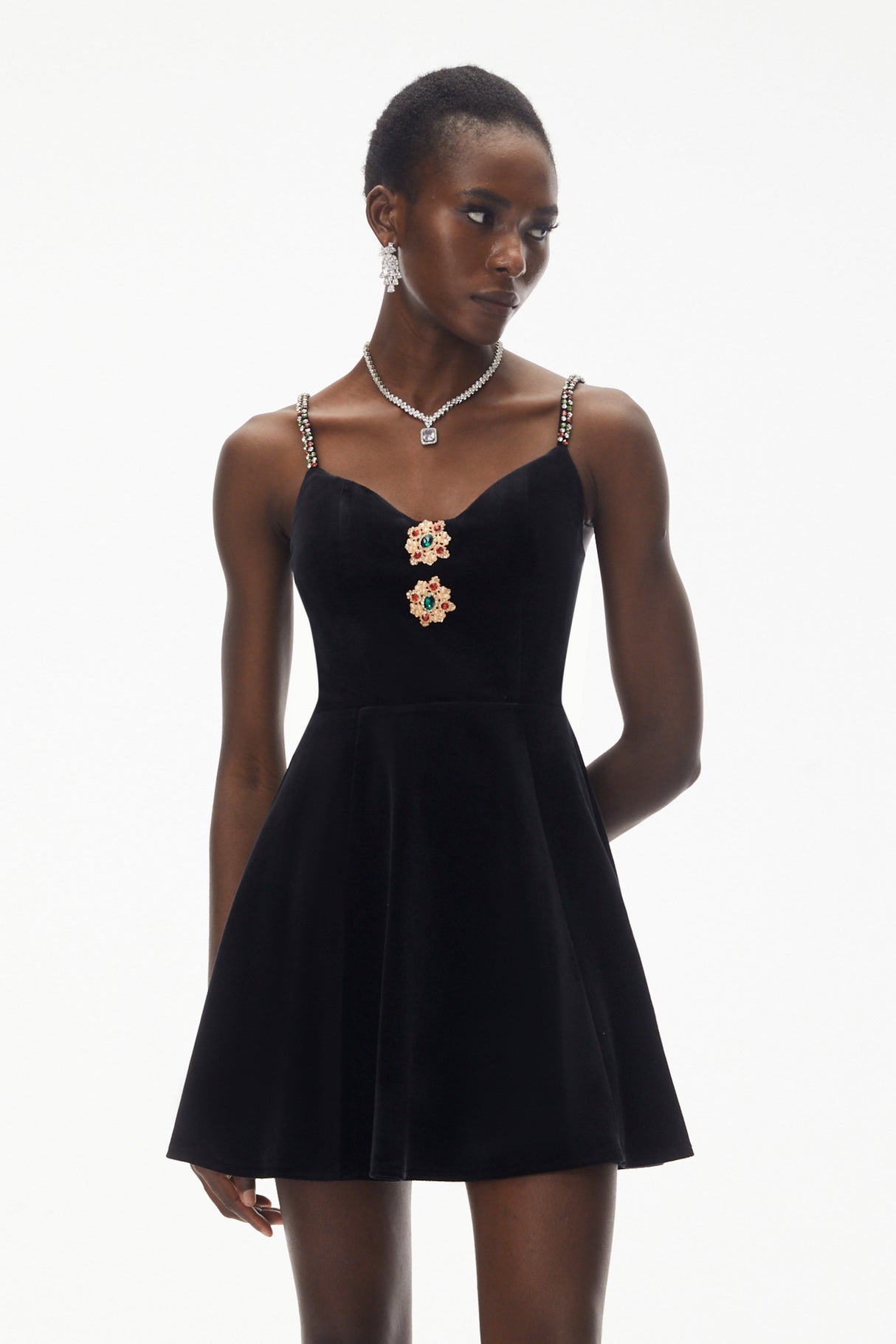 Aurohaya Elettra Black Off Shoulder Embellished Mini Dress