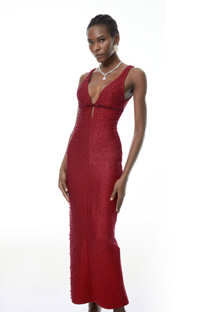 Aurohaya Eliana Red Bandage Maxi Dress with Pearls