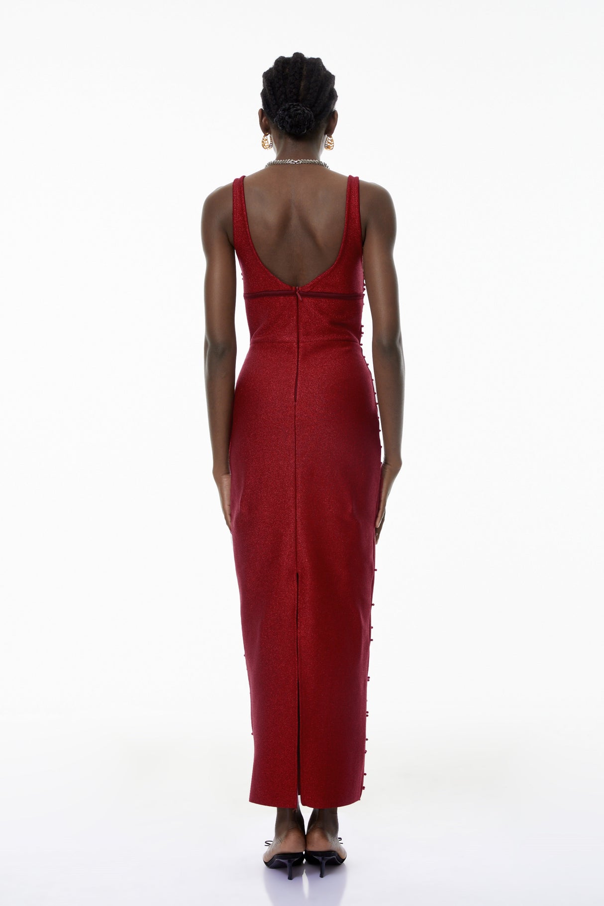 Aurohaya Eliana Red Bandage Maxi Dress with Pearls