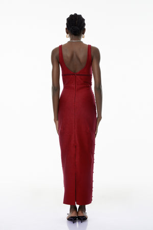 Aurohaya Eliana Red Bandage Maxi Dress with Pearls