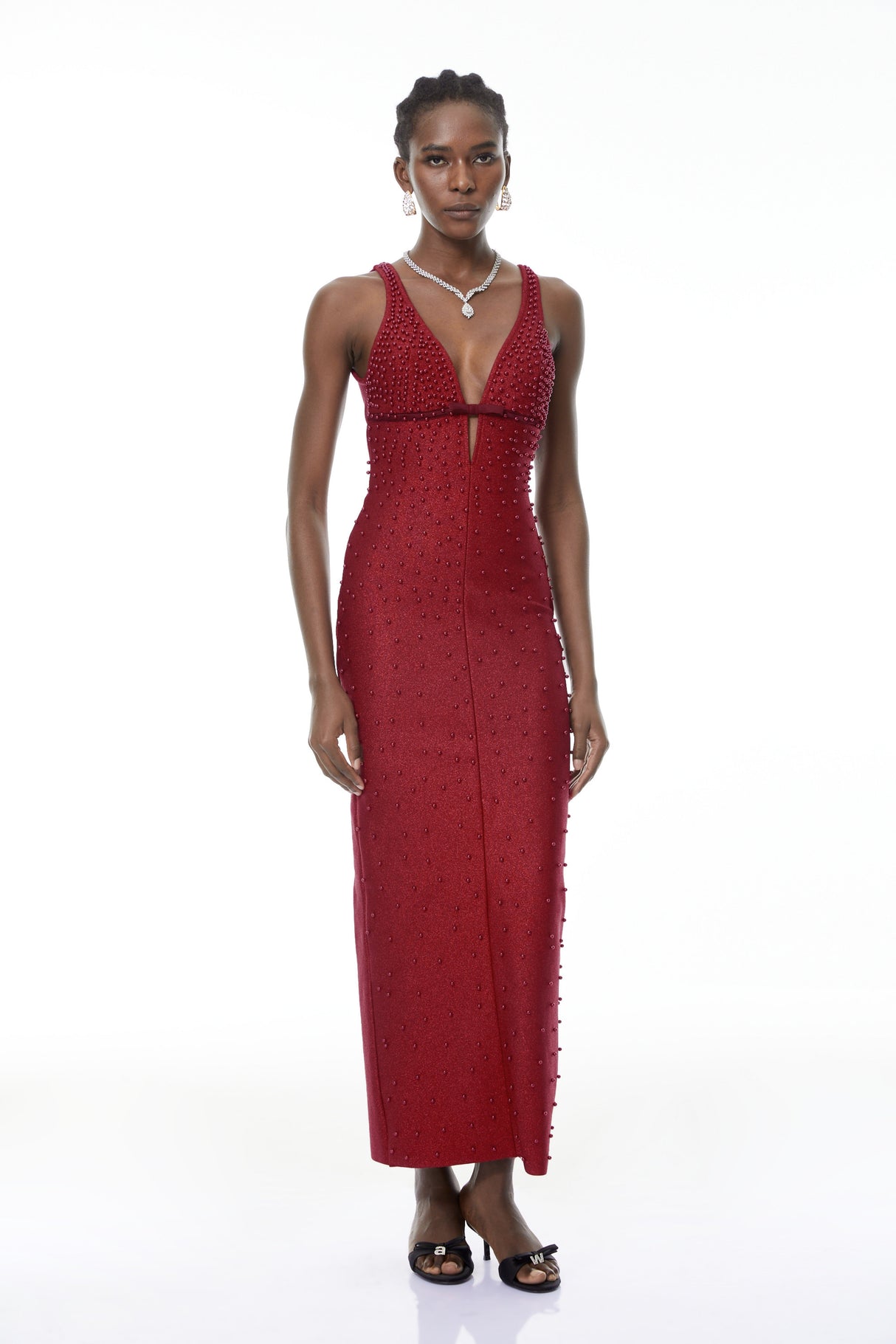 Aurohaya Eliana Red Bandage Maxi Dress with Pearls