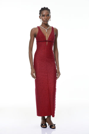 Aurohaya Eliana Red Bandage Maxi Dress with Pearls