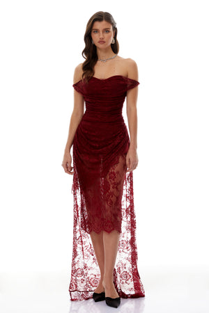 Aurohaya Eline Burgundy Ruched Floral Lace Gown
