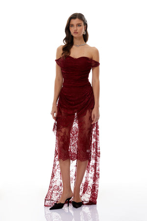 Aurohaya Eline Burgundy Ruched Floral Lace Gown