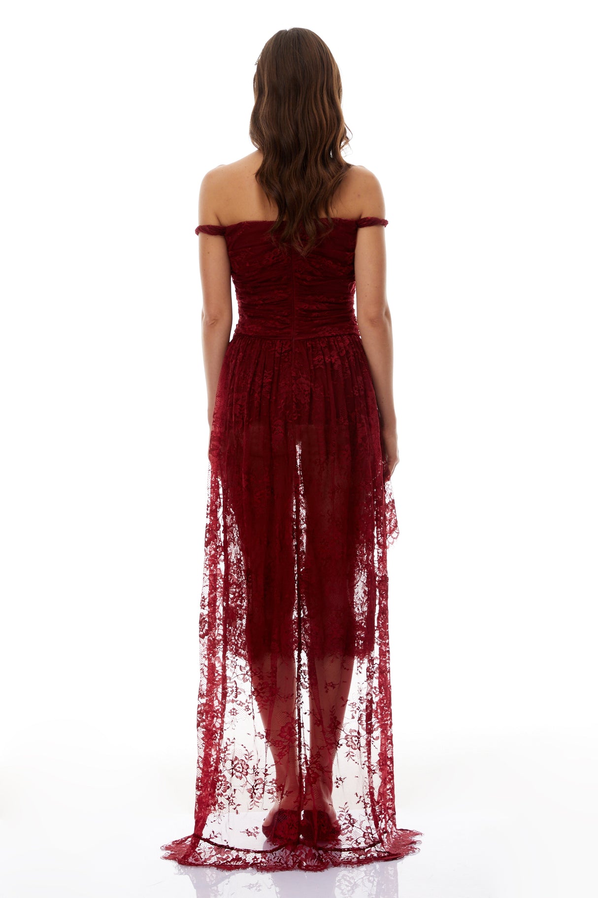 Aurohaya Eline Burgundy Ruched Floral Lace Gown