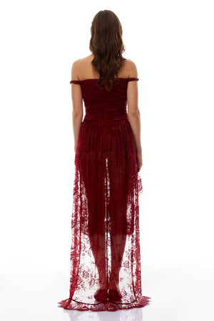 Aurohaya Eline Burgundy Ruched Floral Lace Gown