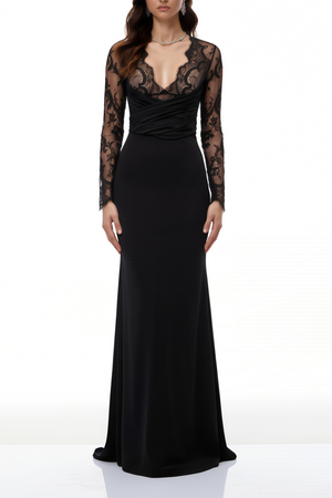 Aurohaya Elisheva Black Plunge Neck Lace Maxi Dress