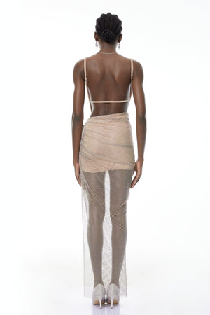 Aurohaya Eliza Champagne Rhinestone Ruched Maxi Dress