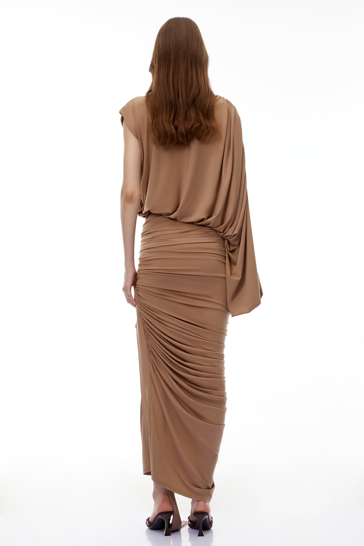 Aurohaya Elizabeth Camel Asymmetrical Draped Maxi Dress