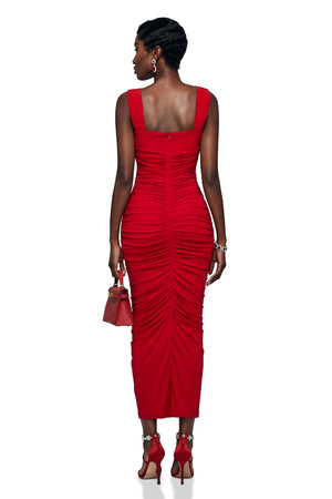 Aurohaya Elize Red Criss Cross Maxi Dress with 3D Petals