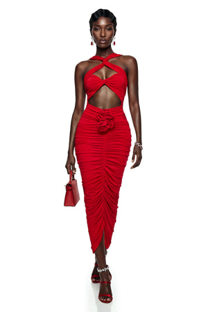 Aurohaya Elize Red Criss Cross Maxi Dress with 3D Petals