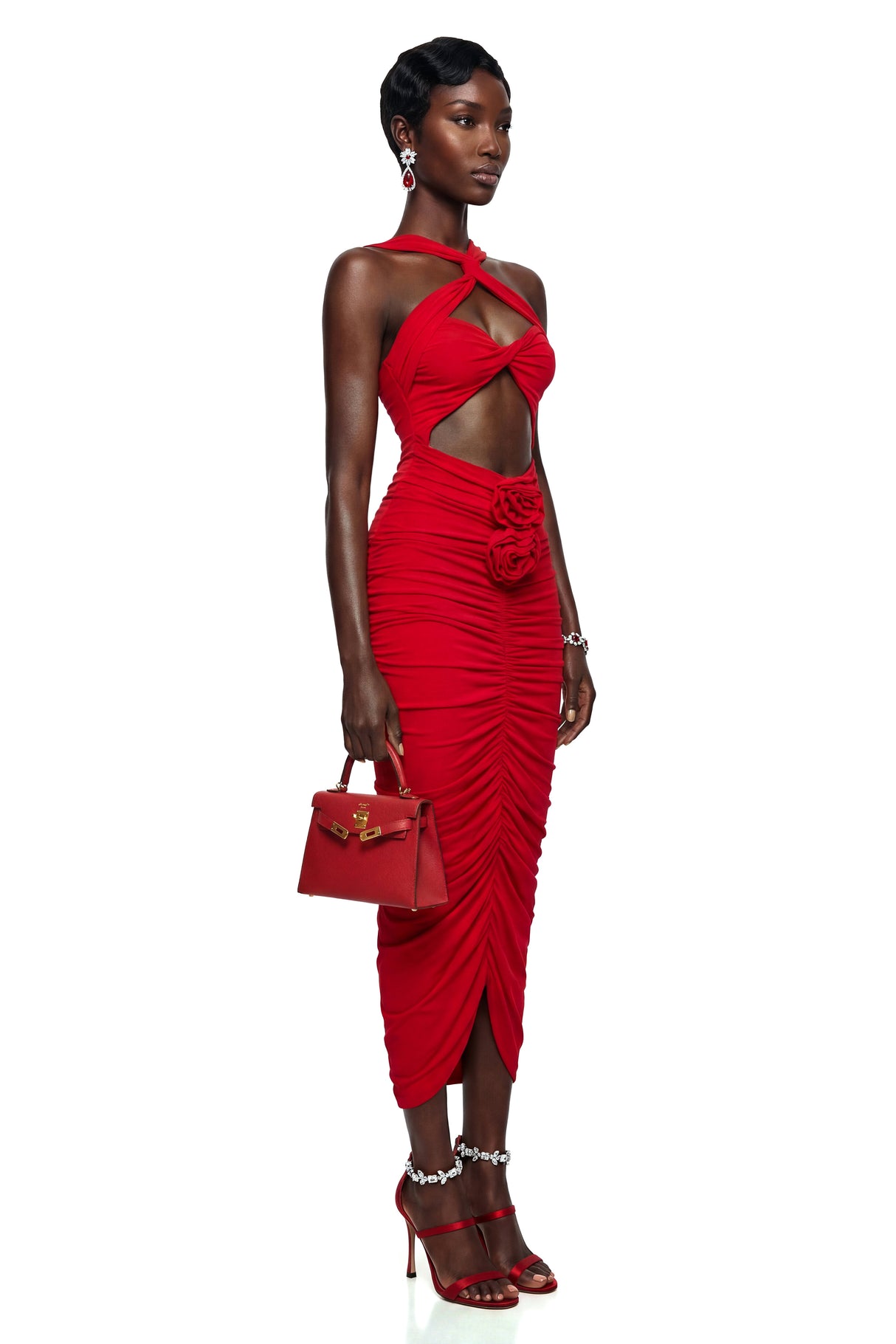 Aurohaya Elize Red Criss Cross Maxi Dress with 3D Petals