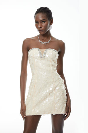 Aurohaya Elliana Cream White Sequin Mini Dress