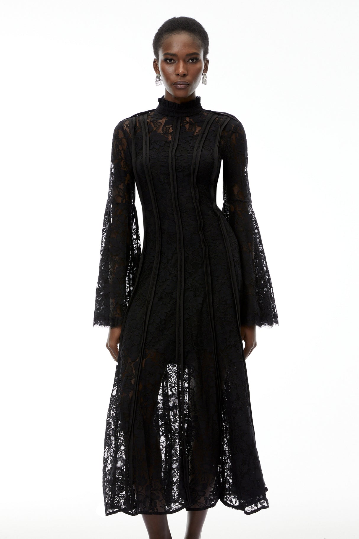 Aurohaya Elodiea Black Floral Lace Flared Sleeves Midi Dress