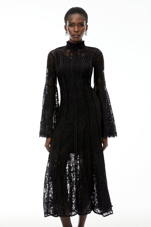 Aurohaya Elodiea Black Floral Lace Flared Sleeves Midi Dress