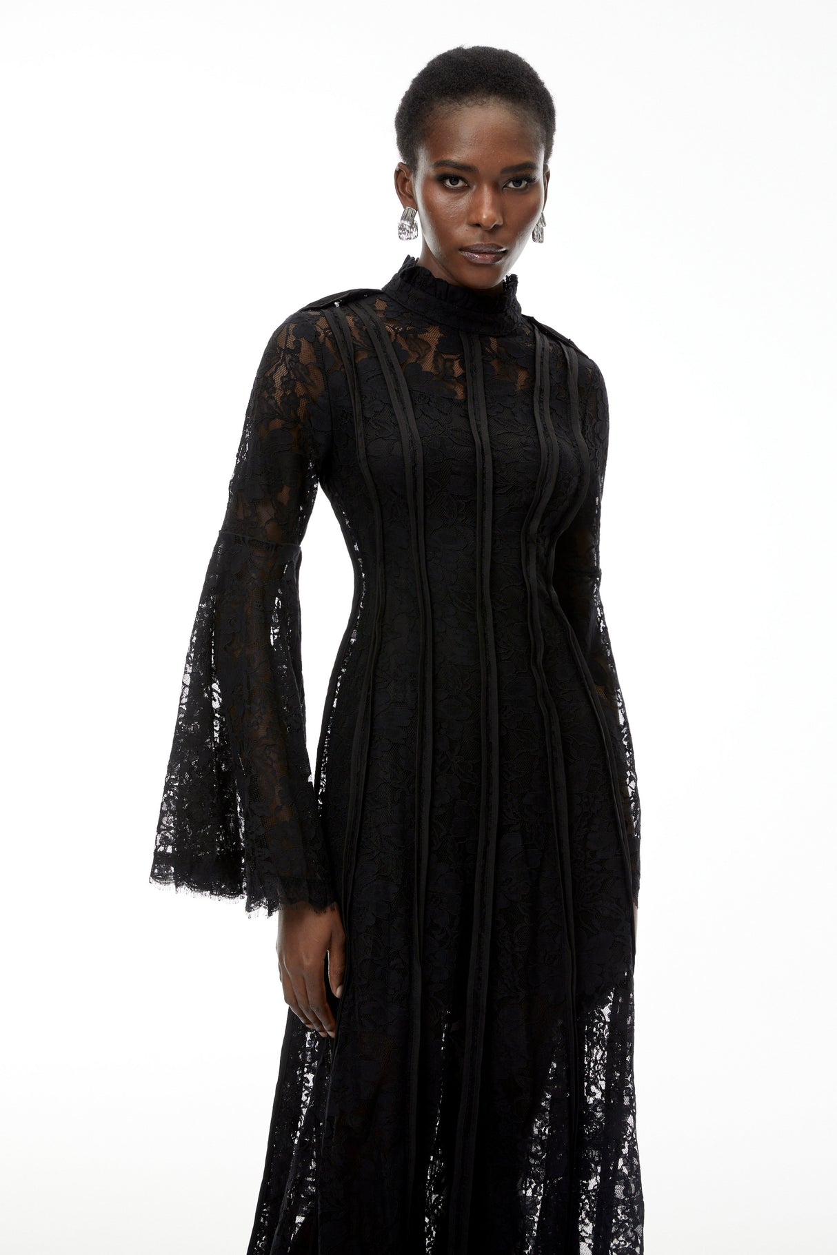 Aurohaya Elodiea Black Floral Lace Flared Sleeves Midi Dress