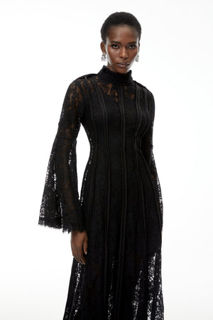 Aurohaya Elodiea Black Floral Lace Flared Sleeves Midi Dress
