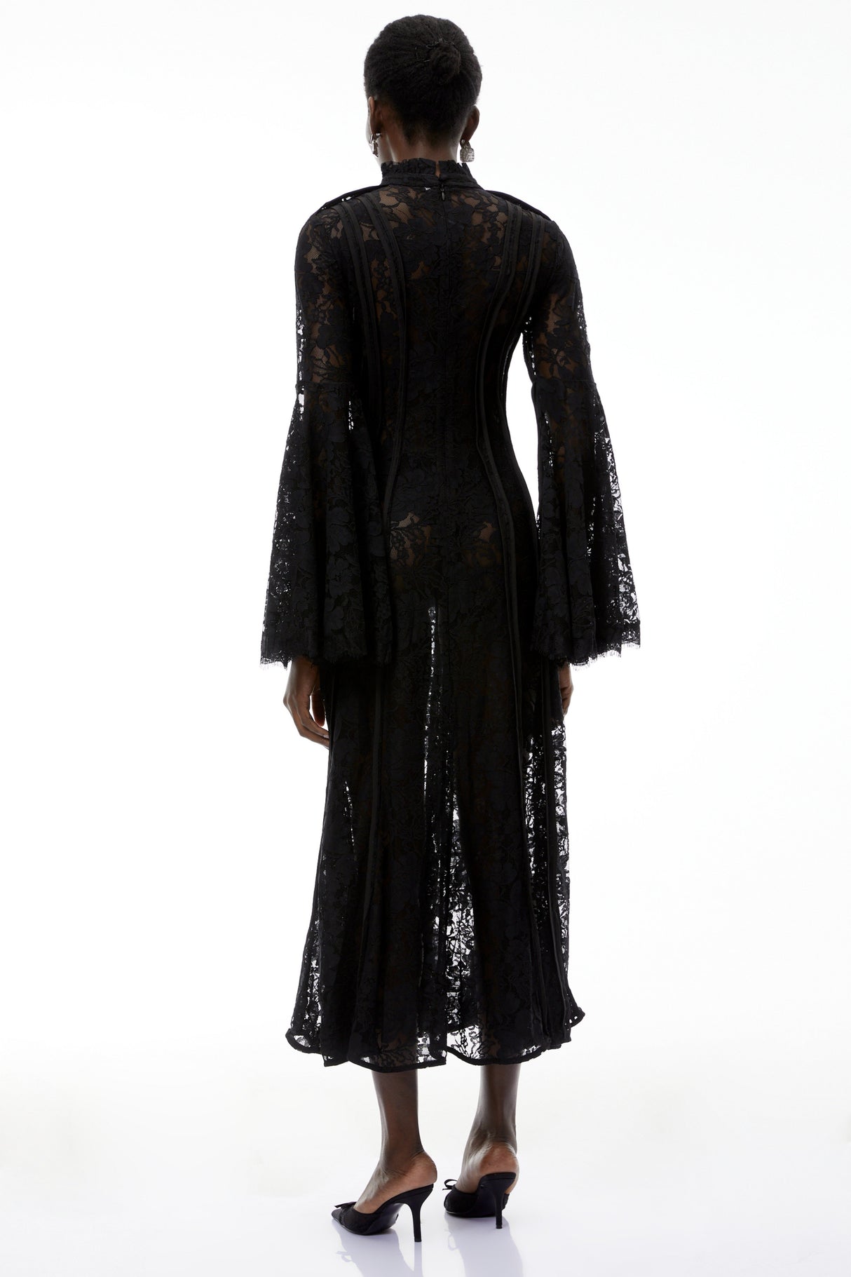 Aurohaya Elodiea Black Floral Lace Flared Sleeves Midi Dress