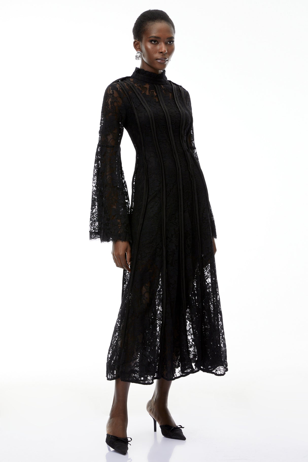 Aurohaya Elodiea Black Floral Lace Flared Sleeves Midi Dress