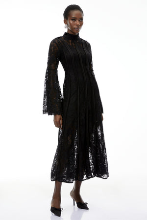 Aurohaya Elodiea Black Floral Lace Flared Sleeves Midi Dress