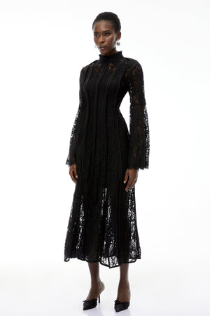 Aurohaya Elodiea Black Floral Lace Flared Sleeves Midi Dress