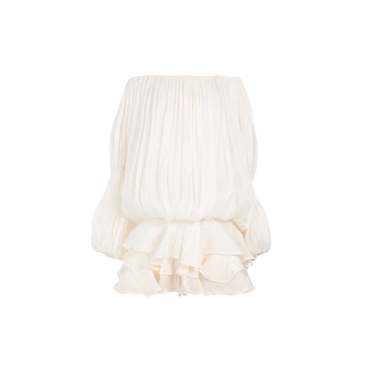 Aurohaya Zofia White Glossy Pleated Tiered Mini Dress