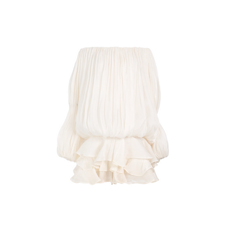 Aurohaya Zofia White Glossy Pleated Tiered Mini Dress