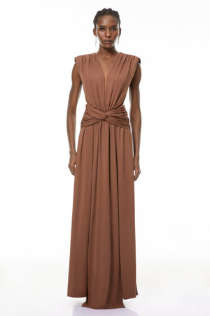 Aurohaya Else Brown Deep V-Neck Twisted Maxi Dress