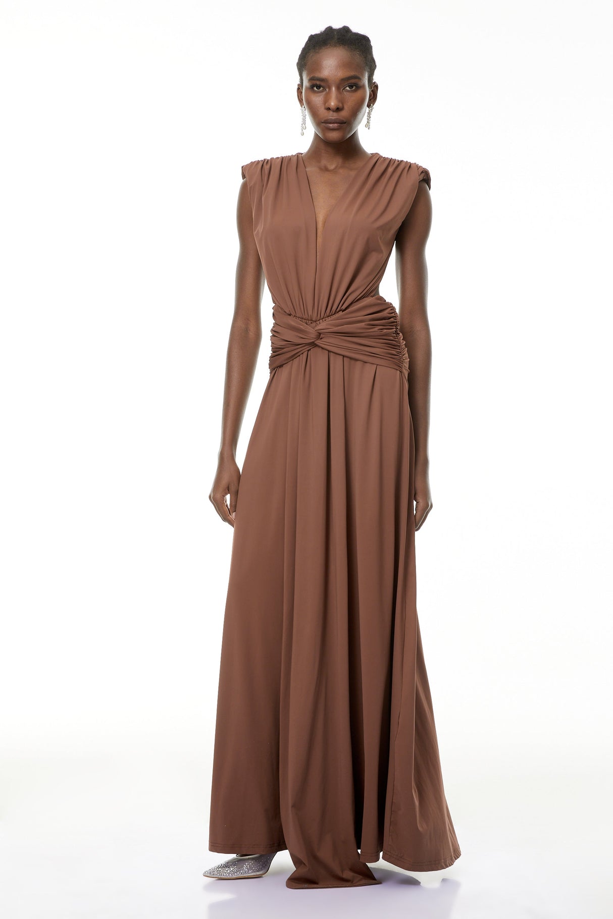 Aurohaya Else Brown Deep V-Neck Twisted Maxi Dress