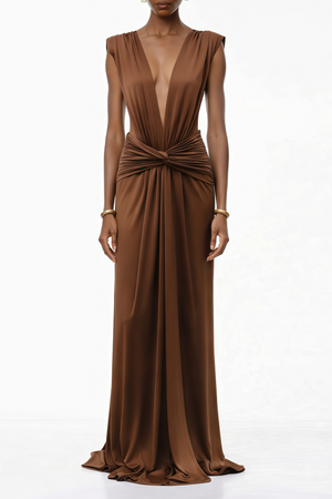 Aurohaya Else Brown Deep V-Neck Twisted Maxi Dress