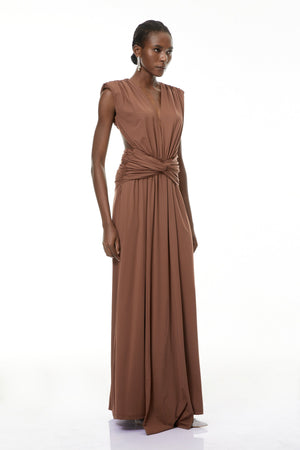 Aurohaya Else Brown Deep V-Neck Twisted Maxi Dress