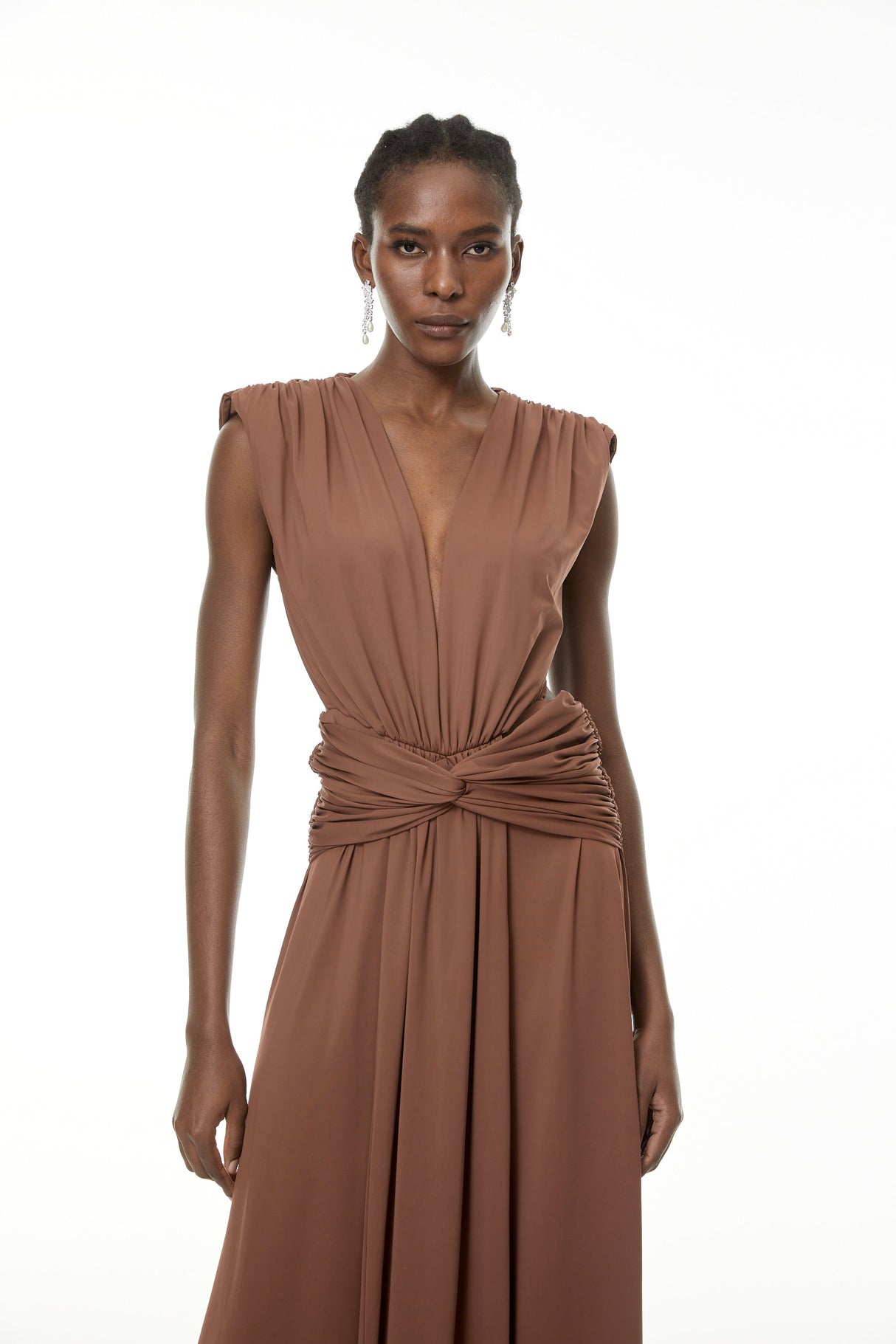 Aurohaya Else Brown Deep V-Neck Twisted Maxi Dress