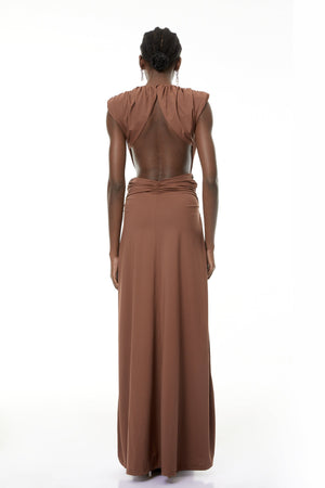 Aurohaya Else Brown Deep V-Neck Twisted Maxi Dress