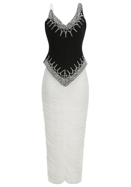 Embellished Draped Corset Two Piece Midi Dress Black White