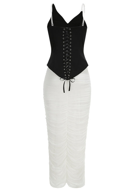 Embellished Draped Corset Two Piece Midi Dress Black White