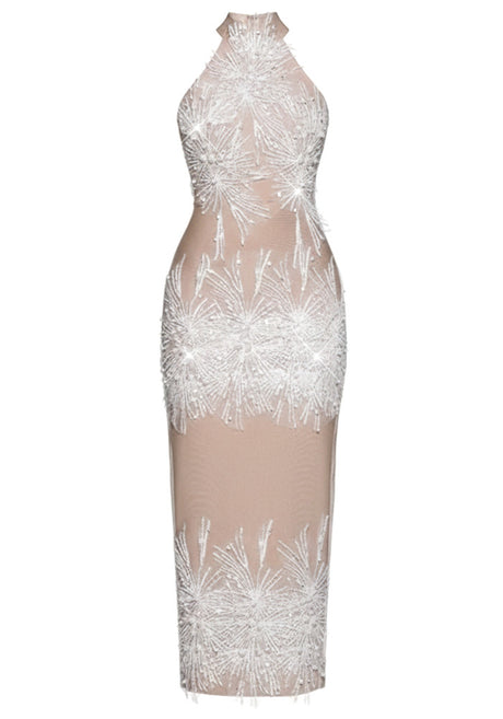 Pearl Sequin Embellished Midi Dress Nude White