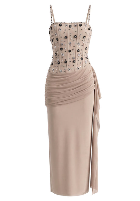 Embellished Structured Draped Maxi Dress Nude