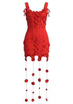 Floral String Detail Structured Dress Red